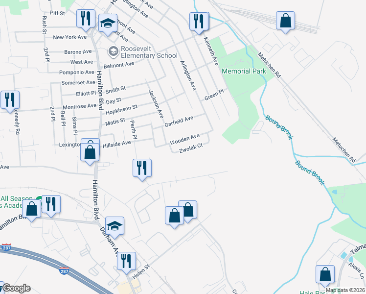 map of restaurants, bars, coffee shops, grocery stores, and more near 121 Zwolak Court in South Plainfield