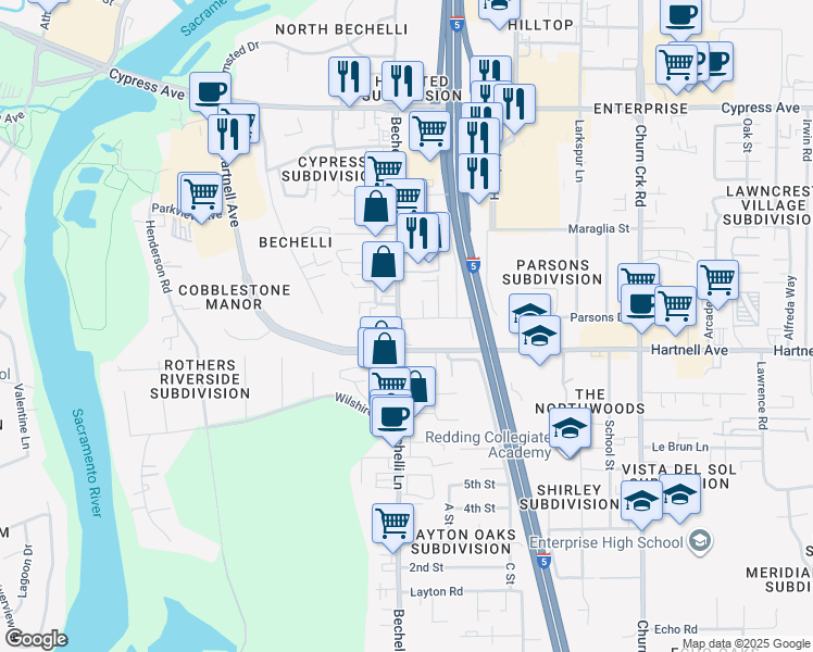 map of restaurants, bars, coffee shops, grocery stores, and more near 2935 Bechelli Lane in Redding