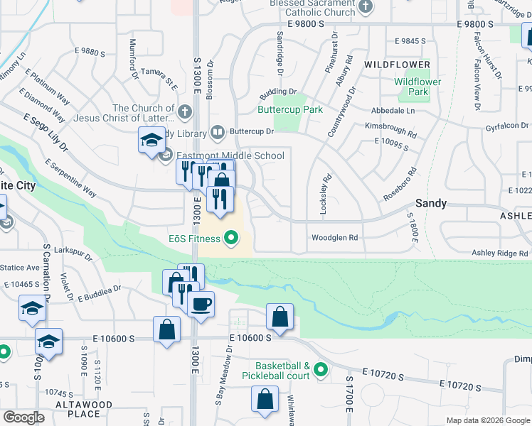 map of restaurants, bars, coffee shops, grocery stores, and more near 1449 Firelight Way in Sandy