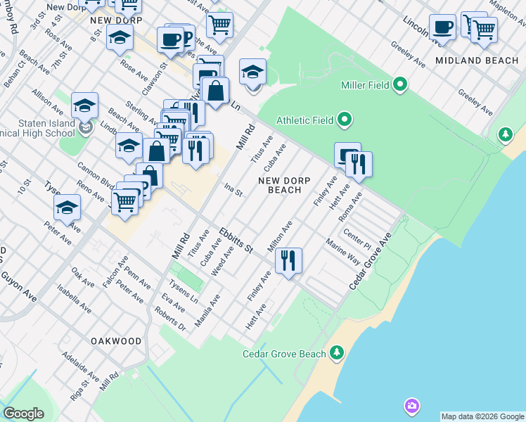 map of restaurants, bars, coffee shops, grocery stores, and more near 121 Winham Avenue in Staten Island