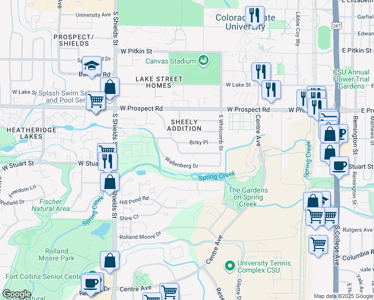 map of restaurants, bars, coffee shops, grocery stores, and more near 1904 Sheely Dr in Fort Collins