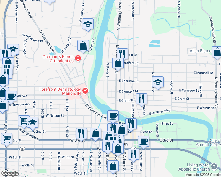 map of restaurants, bars, coffee shops, grocery stores, and more near 308 1/2 South Boots Street in Marion