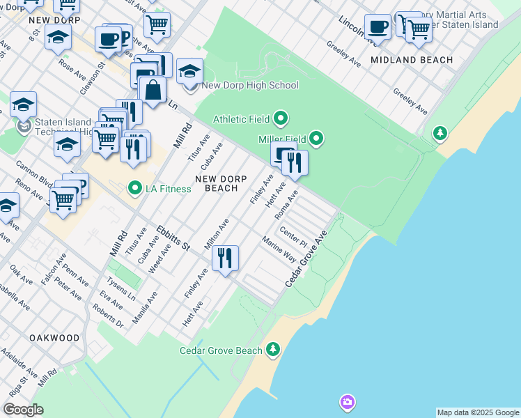 map of restaurants, bars, coffee shops, grocery stores, and more near 76 Finley Avenue in Staten Island