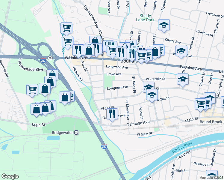 map of restaurants, bars, coffee shops, grocery stores, and more near 318 Evergreen Avenue in Bound Brook