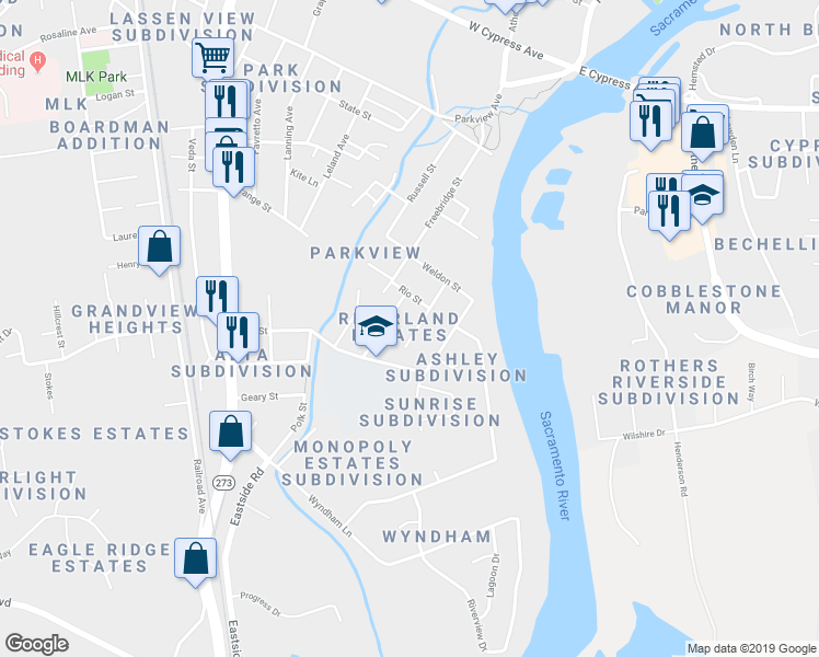map of restaurants, bars, coffee shops, grocery stores, and more near 2940 Mahan Street in Redding