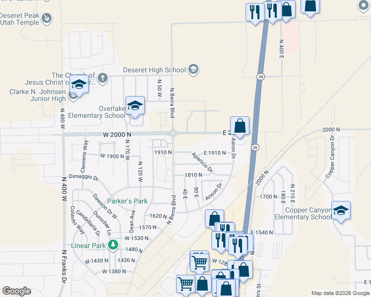map of restaurants, bars, coffee shops, grocery stores, and more near 47 Aparicio Dr in Tooele