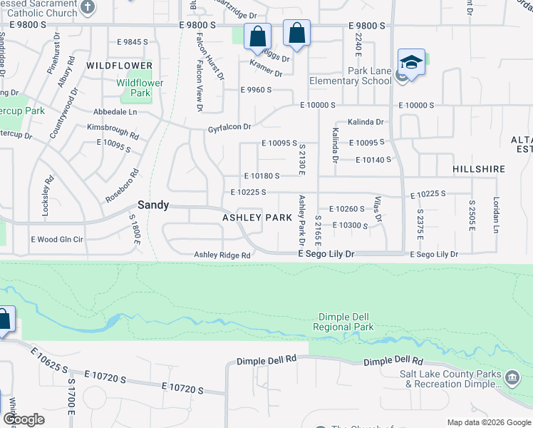map of restaurants, bars, coffee shops, grocery stores, and more near 10293 Ashley Mesa Lane in Sandy