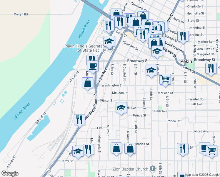 map of restaurants, bars, coffee shops, grocery stores, and more near 609 South 3rd Street in Pekin