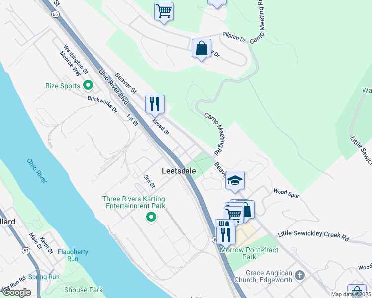 map of restaurants, bars, coffee shops, grocery stores, and more near 196 Broad Street in Leetsdale