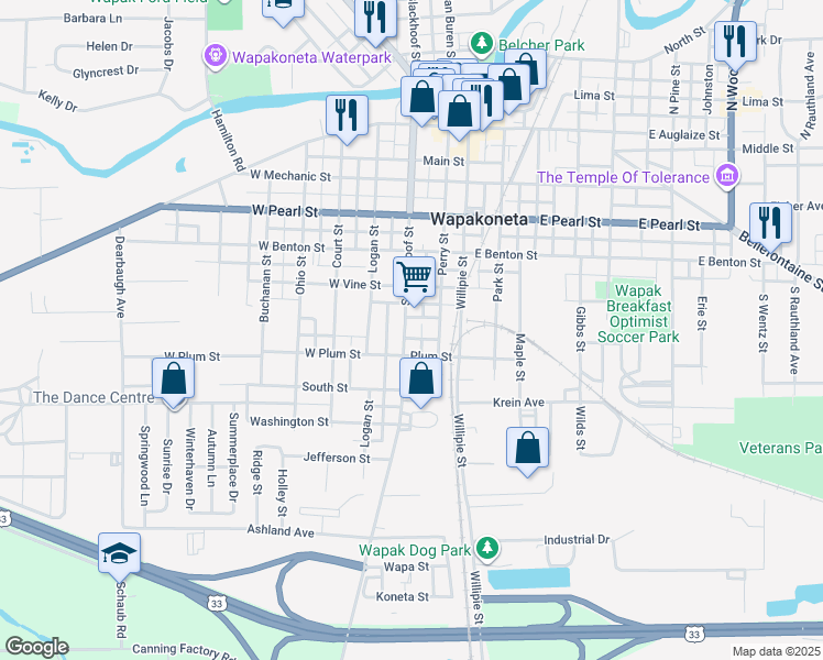 map of restaurants, bars, coffee shops, grocery stores, and more near 606 South Blackhoof Street in Wapakoneta