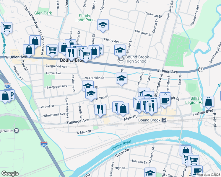 map of restaurants, bars, coffee shops, grocery stores, and more near 124 W High St in Bound Brook