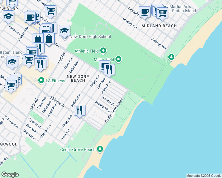 map of restaurants, bars, coffee shops, grocery stores, and more near 12 Waterside Street in Staten Island