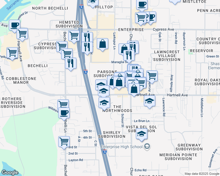 map of restaurants, bars, coffee shops, grocery stores, and more near 2945 Northwoods Way in Redding