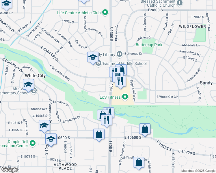 map of restaurants, bars, coffee shops, grocery stores, and more near 10277 S 1280 E in Sandy