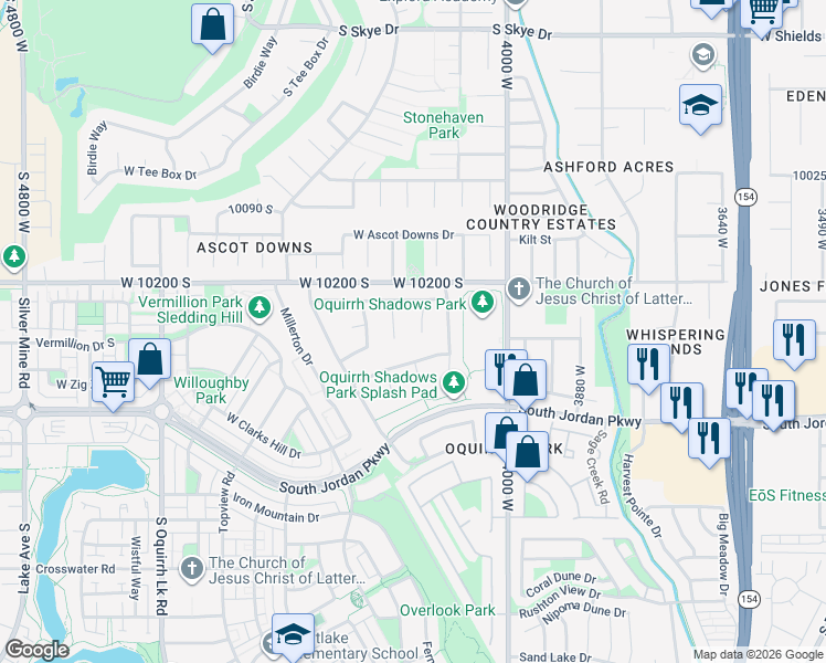 map of restaurants, bars, coffee shops, grocery stores, and more near 10278 Locust Ridge Court in South Jordan