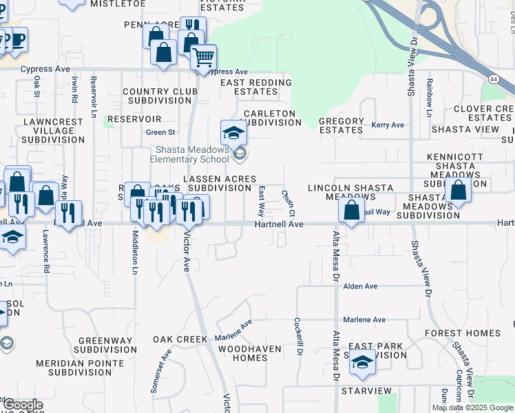 map of restaurants, bars, coffee shops, grocery stores, and more near 2942 East Way in Redding