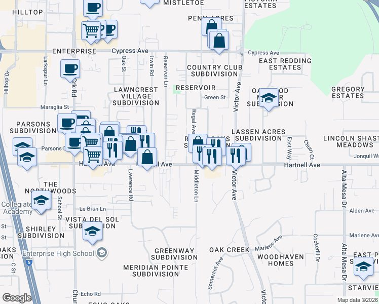map of restaurants, bars, coffee shops, grocery stores, and more near 2942 Regal Avenue in Redding