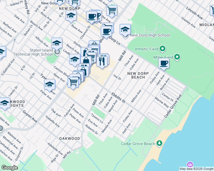 map of restaurants, bars, coffee shops, grocery stores, and more near 169 Titus Avenue in Staten Island