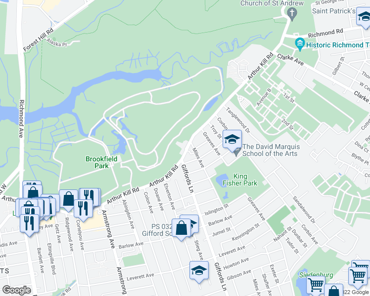 map of restaurants, bars, coffee shops, grocery stores, and more near 405 Arthur Kill Road in Staten Island