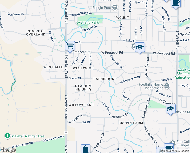 map of restaurants, bars, coffee shops, grocery stores, and more near 1727 Holly Way in Fort Collins