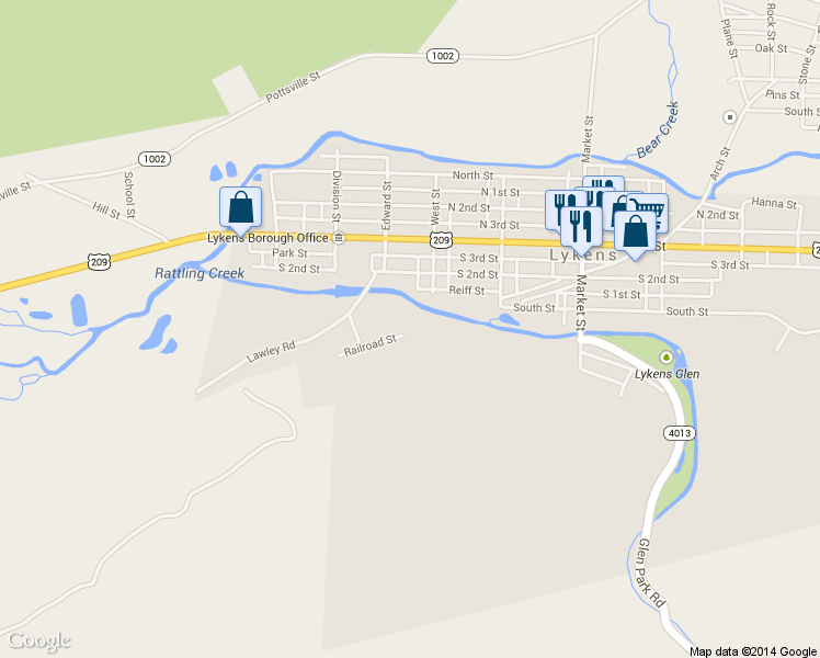 map of restaurants, bars, coffee shops, grocery stores, and more near 430 S 2nd St in Lykens