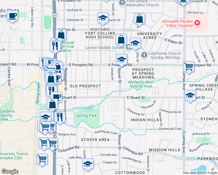 map of restaurants, bars, coffee shops, grocery stores, and more near 1712 Morningside Drive in Fort Collins