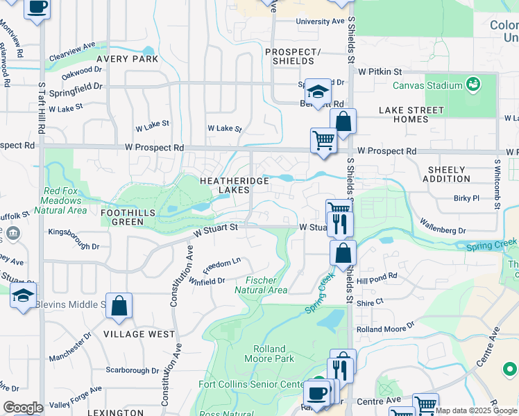 map of restaurants, bars, coffee shops, grocery stores, and more near 1368 Village Park Court in Fort Collins