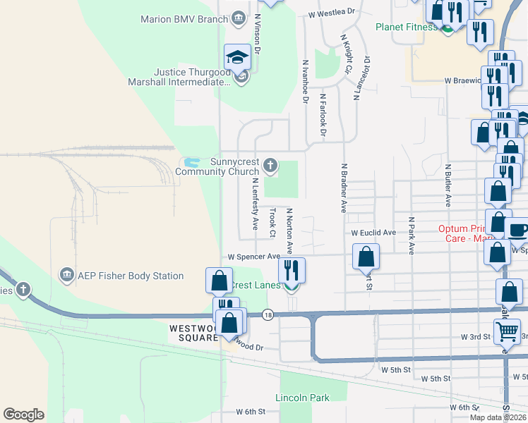 map of restaurants, bars, coffee shops, grocery stores, and more near 2033 West Walnut Street in Marion