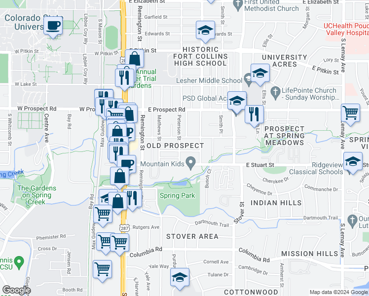 map of restaurants, bars, coffee shops, grocery stores, and more near 410 Alpert Avenue in Fort Collins