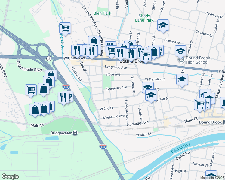 map of restaurants, bars, coffee shops, grocery stores, and more near 317 Park Place in Bound Brook