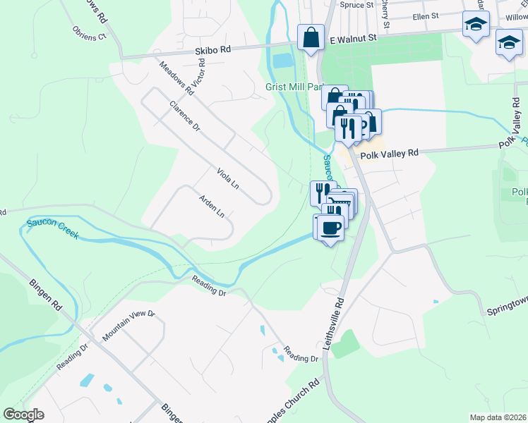 map of restaurants, bars, coffee shops, grocery stores, and more near 1858 Viola Lane in Hellertown