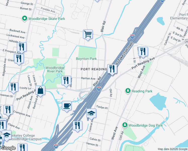 map of restaurants, bars, coffee shops, grocery stores, and more near 54 2nd Avenue in Woodbridge Township