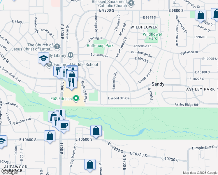 map of restaurants, bars, coffee shops, grocery stores, and more near 10273 Countrywood Dr in Sandy