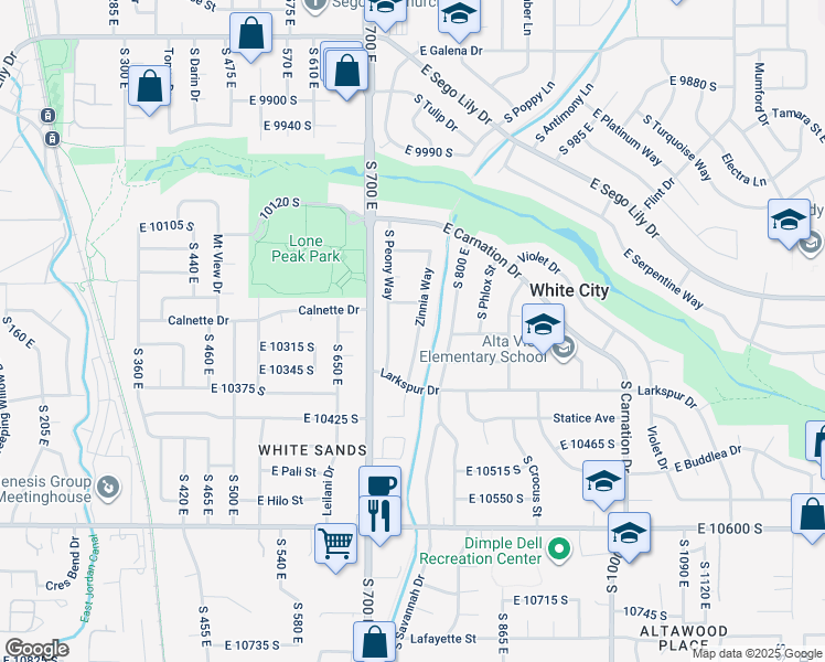 map of restaurants, bars, coffee shops, grocery stores, and more near 10282 South Zinnia Way in Sandy