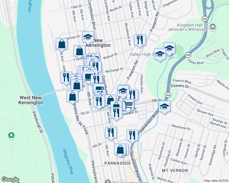 map of restaurants, bars, coffee shops, grocery stores, and more near 140 Ridge Avenue in New Kensington