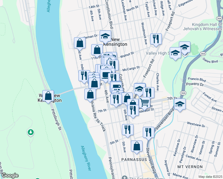 map of restaurants, bars, coffee shops, grocery stores, and more near 843 5th Avenue in New Kensington