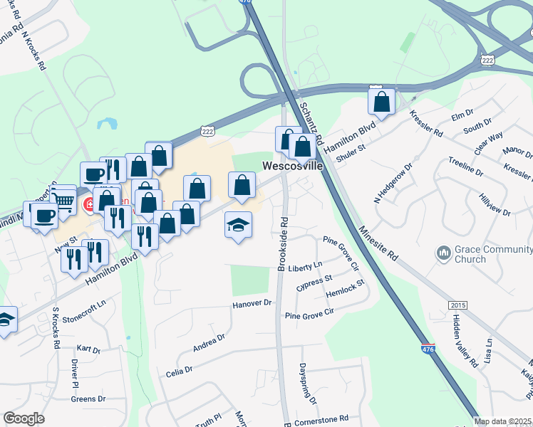 map of restaurants, bars, coffee shops, grocery stores, and more near 938 North Brookside Road in Allentown