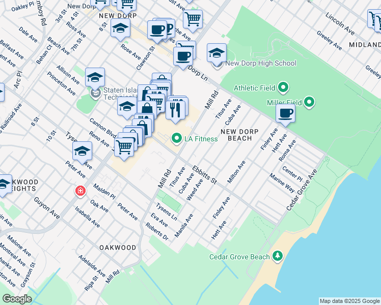 map of restaurants, bars, coffee shops, grocery stores, and more near 169 Titus Avenue in Staten Island