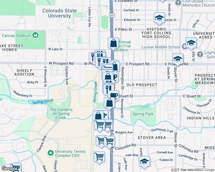map of restaurants, bars, coffee shops, grocery stores, and more near 1733 South College Avenue in Fort Collins