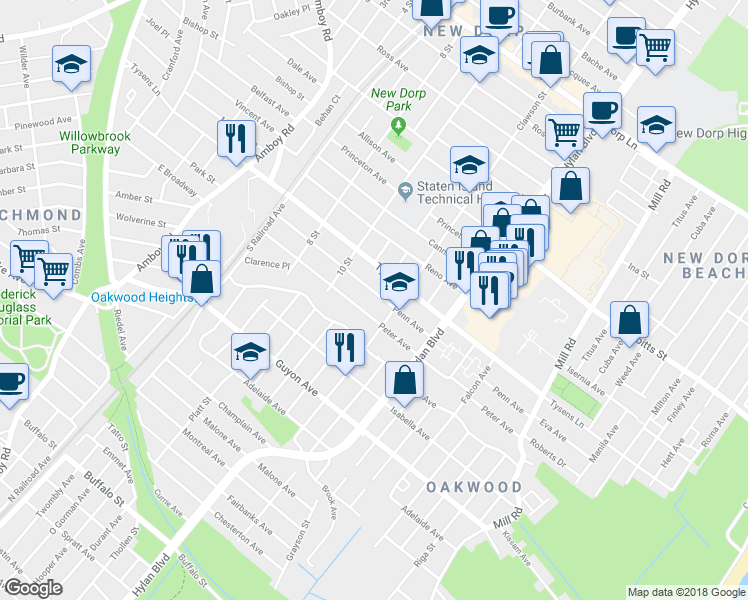 map of restaurants, bars, coffee shops, grocery stores, and more near 148 Penn Avenue in Staten Island