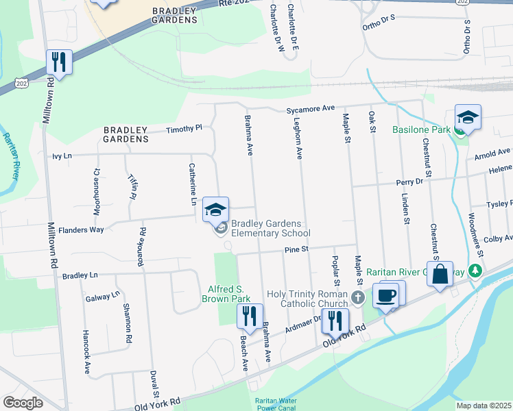 map of restaurants, bars, coffee shops, grocery stores, and more near 129 Ivy Lane in Bridgewater