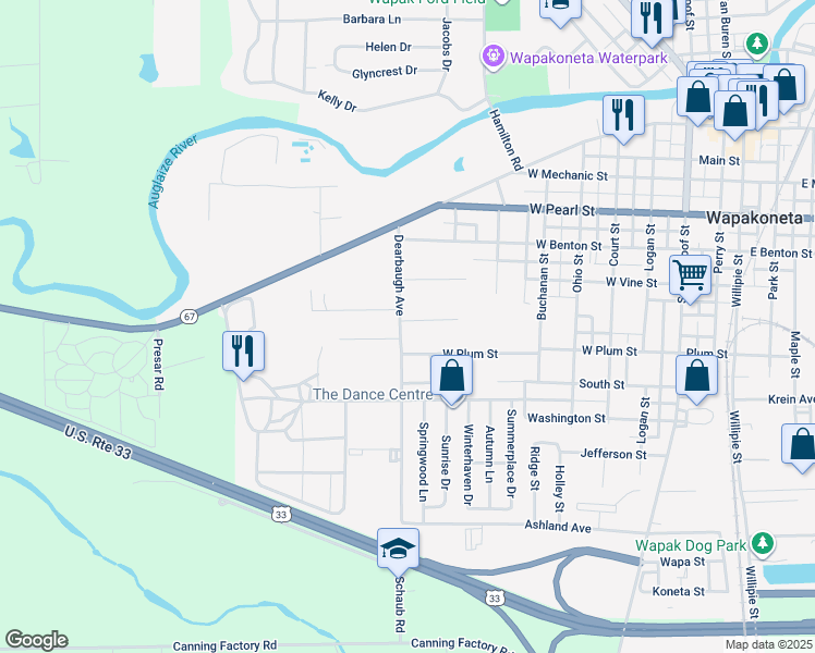 map of restaurants, bars, coffee shops, grocery stores, and more near 606 Dearbaugh Avenue in Wapakoneta