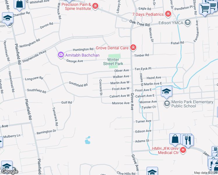map of restaurants, bars, coffee shops, grocery stores, and more near 38 Frost Avenue West in Edison