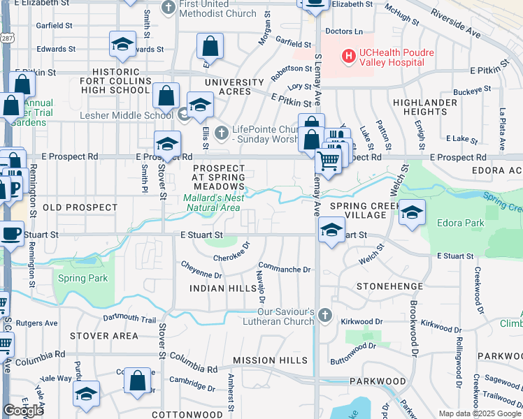 map of restaurants, bars, coffee shops, grocery stores, and more near 1713 Springmeadows Court in Fort Collins