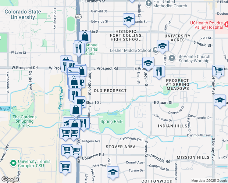 map of restaurants, bars, coffee shops, grocery stores, and more near 400 Alpert Avenue in Fort Collins