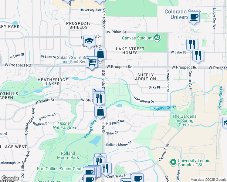 map of restaurants, bars, coffee shops, grocery stores, and more near 1718 South Shields Street in Fort Collins