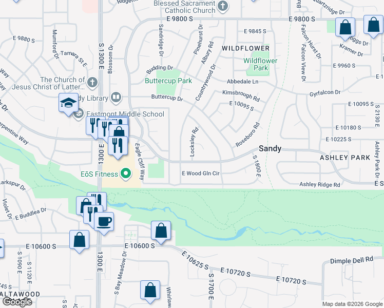 map of restaurants, bars, coffee shops, grocery stores, and more near 10273 Countrywood Drive in Sandy