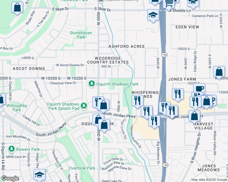 map of restaurants, bars, coffee shops, grocery stores, and more near 3894 Sage Point Way in South Jordan