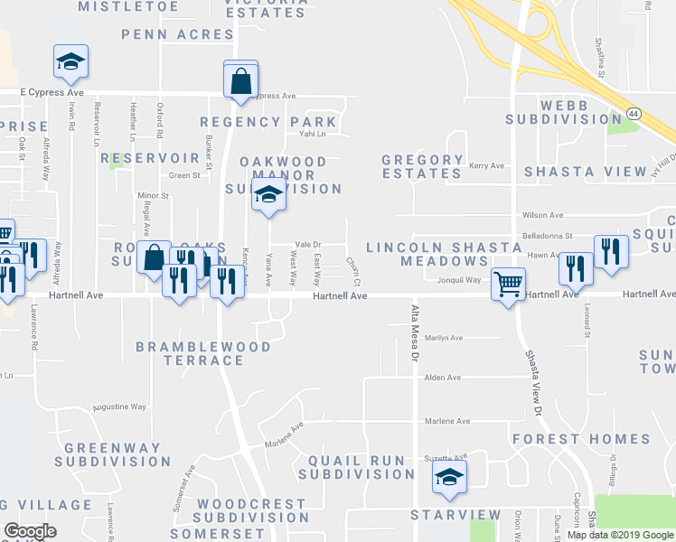 map of restaurants, bars, coffee shops, grocery stores, and more near 2925 East Way in Redding
