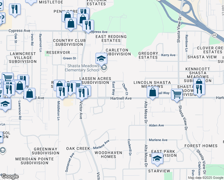 map of restaurants, bars, coffee shops, grocery stores, and more near 2942 East Way in Redding